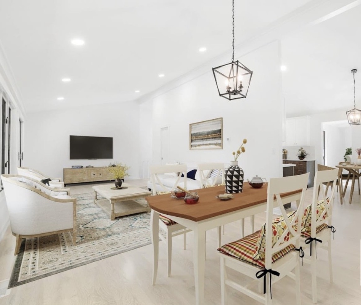 Bright dining and living space with lantern pendant lighting